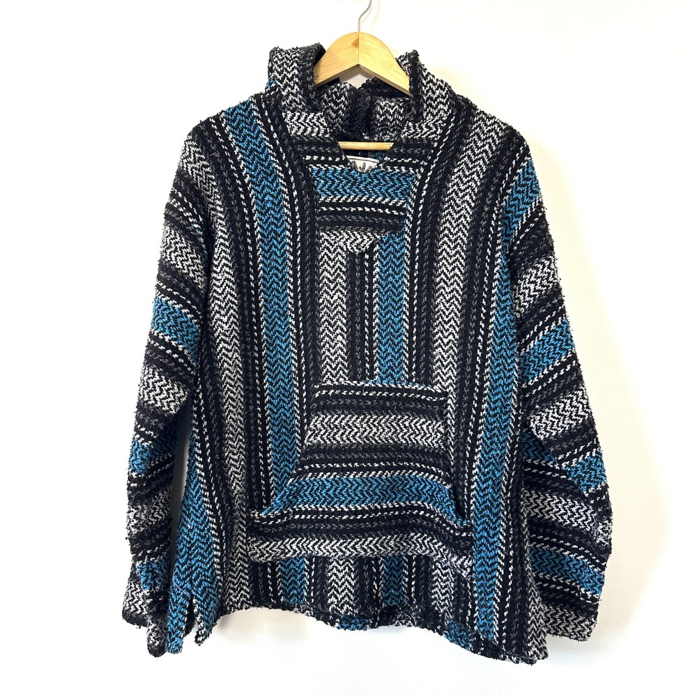 VTG Baja Joe Hoodie Mexican Blanket Poncho Striped L Hippie Surf‎ Boho Festival